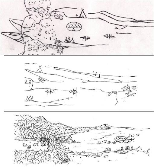3 Maps.  A rough drawing of the paths to the spiritual sites; a rougher diagram of Bisons depicted using a dark resin-based paint; and an illustration of the bisons in relation to plains and woodland-fields from a journal.