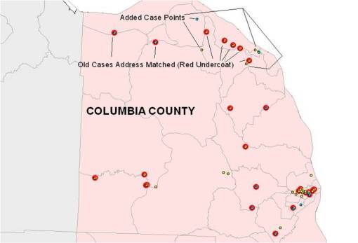 Red Dots are cases successfully address-matched; blue and yellow represent new cases added to dataset through the use of a second address matching tool or manually