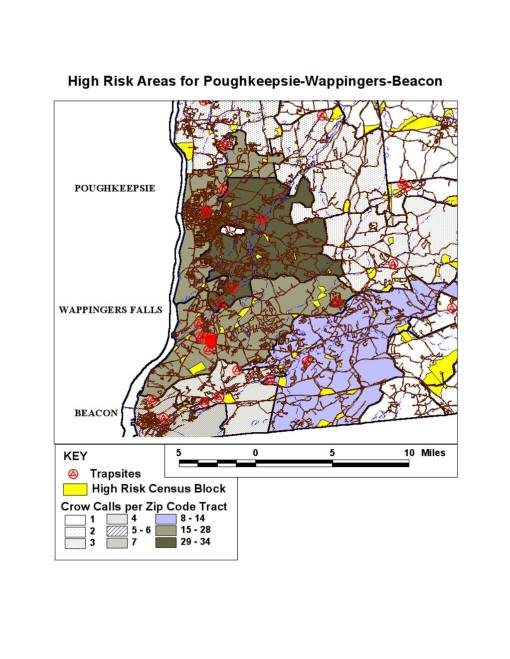 highrisk_lowerfishkill Crow Call density by Zip Code Tracts in the most populated section of the County