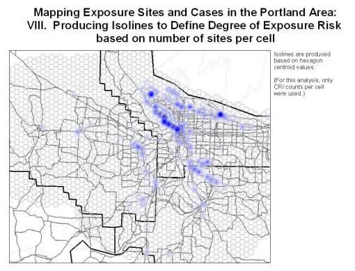 Portland_Isolines_Numbers-of-cases-per-hexcell Assigning Exposure Risk to individual Grid Cells using Isolines