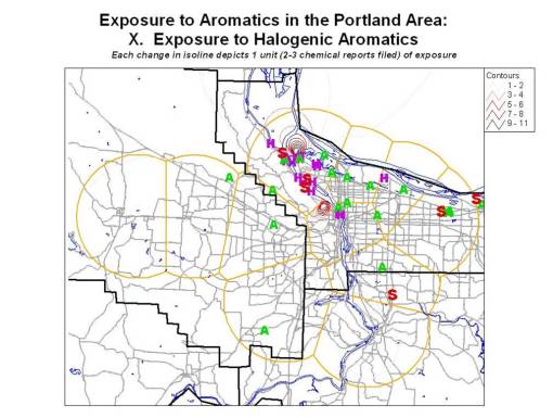 Portland_Isolines_Numbers-of-cases-per-hexcell_linkedtohalogenicaromatics Halogenic Aromatics (Aromatics containing Chlorine or Fluorine)