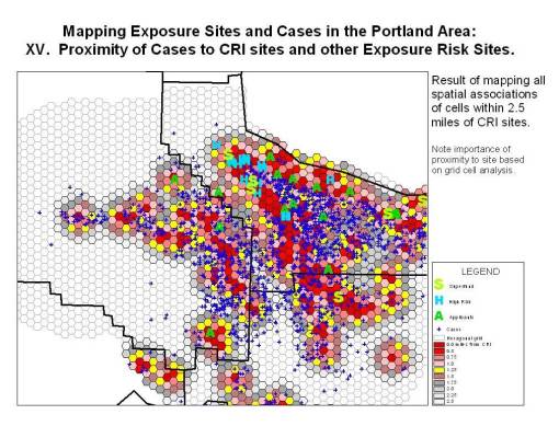 Portland_Isolines_Numbers-of-cases-per-hexcell_linkedtosites Number of Sites depicted by cell color. Cases are the blue '+'