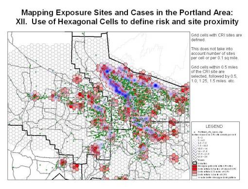 Portland_Isolines_Numbers-of-cases-per-hexcell_variedhexcellcolors Cases = green '+'; hexagon patterns represent CRI site density (# per cell).