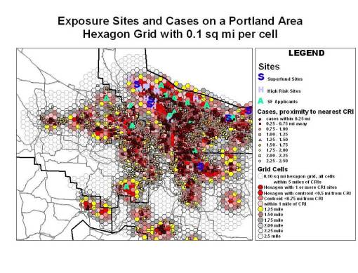 Portland_NumbersofSites-Cases_Distance Cases (deep red) in relation to chemical release site density