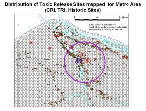 Portland_vsmgridcells_distributionofCRITRIHxsites Hexagonal Grid 2 - Cases in relation to Release Sites