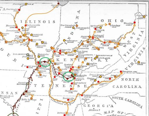 1873_Cholera_MississippiValley_ABJudson_WithPointChronoMapLegend_JuneJulyHierarchical_AugustNonhierarchicalDiffusion_Closeup
