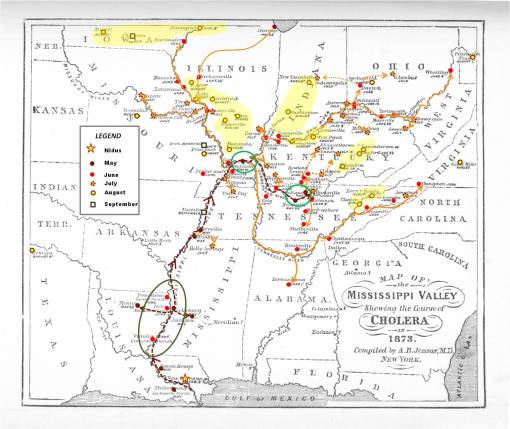 1873_Cholera_MississippiValley_ABJudson_WithPointChronoMapLegend_JuneJulyHierarchical_AugustNonhierarchicalDiffusion_RuralAreas