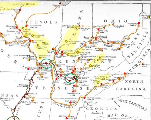 1873_Cholera_MississippiValley_ABJudson_WithPointChronoMapLegend_JuneJulyHierarchical_AugustNonhierarchicalDiffusion_RuralAreas_Closeup