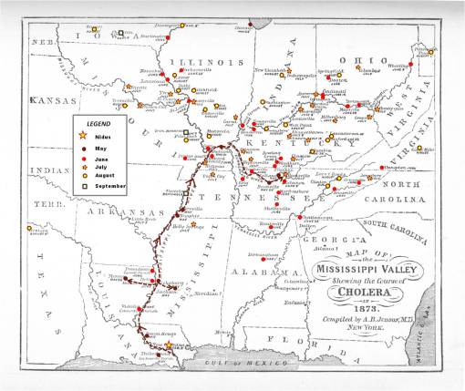 1873_Cholera_MississippiValley_ABJudson_WithPointChronoMapLegend_MayHierarchicalDiffusion