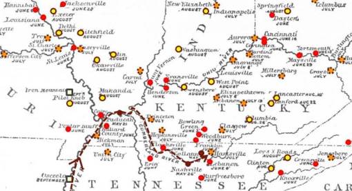 1873_Cholera_MississippiValley_ABJudson_WithPointChronoMapLegend_MayHierarchicalDiffusion_CLOSEUP