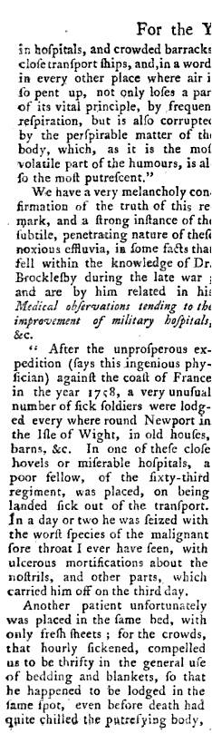 1766_AnnualRegisterofHxPoliticsLiterature1765_InfectivenessofDiseasesintheBarracks_p89a