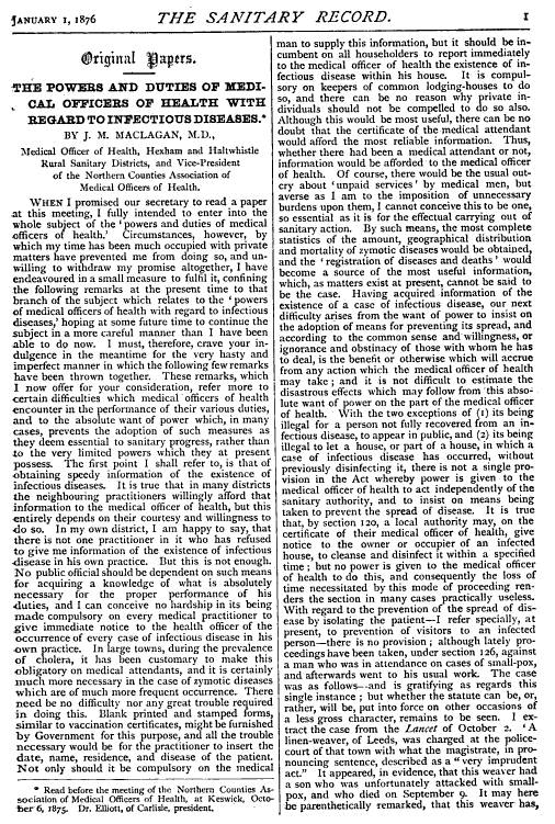 SanitaryRecord_Jan1-1876_PowersandDutiesofMedicalOfficers-InfxDisxs_JMMaclagan_p1