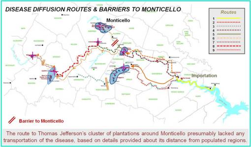 Pont-Line-Analysis-of-Routes_5_DiseaseDiffusionRtsandBarrierstoMonticello